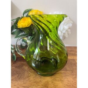 Vintage Green Swirl Glass Pitcher Hand Blown MCM‎ Retro Jug Decorative Barware